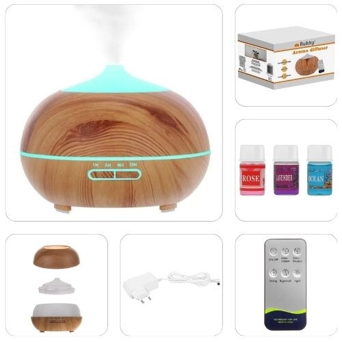 Aroma difuzor 400 ml s maglicom, rastavljeni poklopci i spremnik, kutija, 3 mirisna ulja, adapter i daljinski upravljač