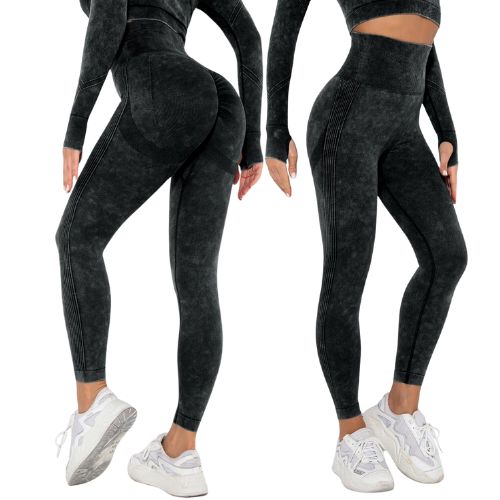 Ženske bešavne tajice visokog struka u crnoj boji, prikazane sprijeda i straga, s efektom oblikovanja tijela