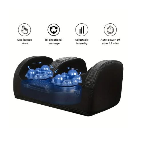 Shiatsu masažer za stopala s prikazom 3D masažnih glava i funkcionalnostima uređaja