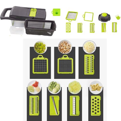 Set višenamjenske sjeckalice s raznim oštricama i ilustracijama rezultata rezanja