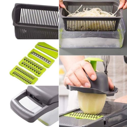 Detalji višenamjenske sjeckalice s košaricom za cijeđenje i različitim oštricama