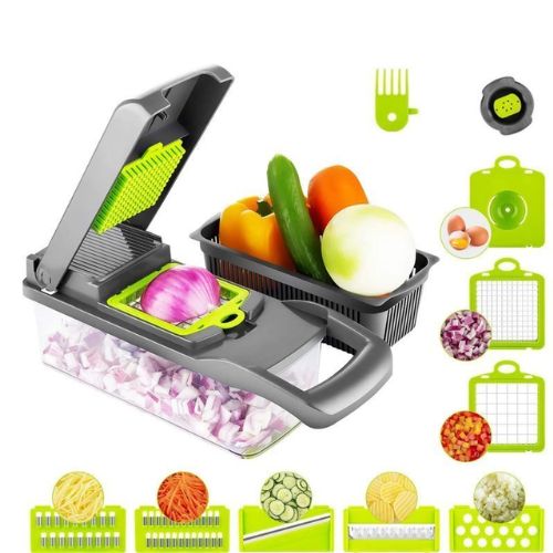 Višenamjenska sjeckalica i ribež s različitim oštricama i posudom za sjeckanje povrća