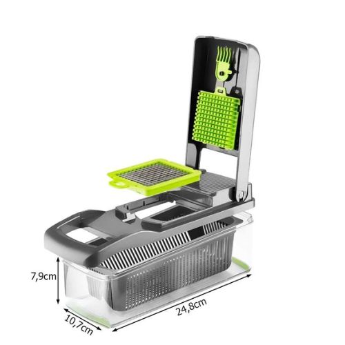 Višenamjenska sjeckalica i ribež s detaljnim dimenzijama i spremnikom