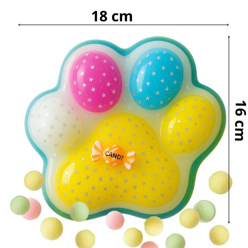 XXL antistres mačja šapa s prikazanim dimenzijama 18 x 16 cm i šarenim punjenjem