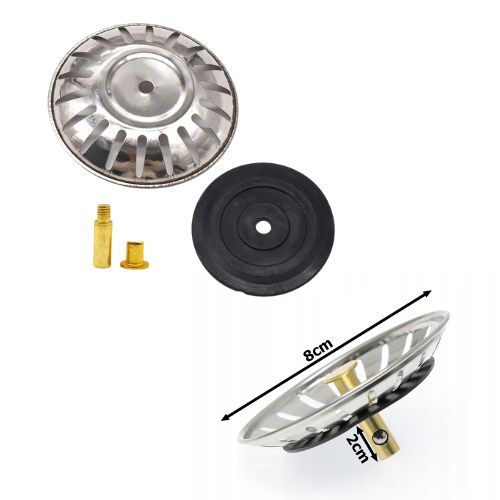 Set metalnog čepa za sudoper sa sitom, gumenom brtvom i zlatnim umetkom, promjer 8 cm