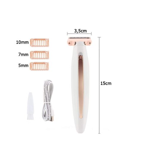 Dimenzije ženskog električnog brijača s nastavcima od 5 mm, 7 mm i 10 mm te USB kabelom