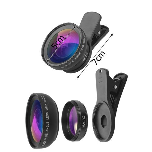 Dimenzije univerzalnog 2u1 objektiva za mobitel – promjer 5 cm, duljina 7 cm, makro i širokokutna leća s kopčom