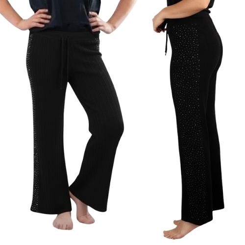Crne elegantne hlače s cirkonima na modelu – prednji i bočni pogled