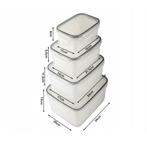 Set posuda za hranu s poklopcem i cjedilom - dimenzije 8 cm, 9.5 cm, 11.5 cm i 13 cm visine