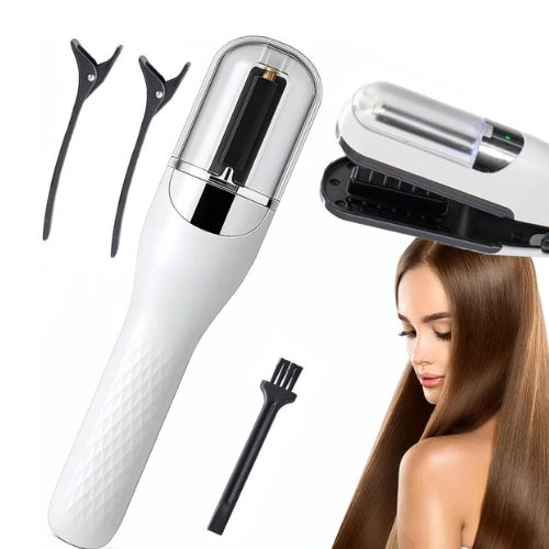 Trimer za ispucale vrhove s nastavcima i primjerom korištenja na kosi