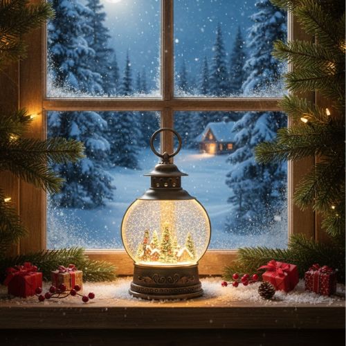 Božićna ukrasna svjetiljka s LED svjetlom i glazbom na prozorskoj dasci uz zimski krajolik i božićne poklone
