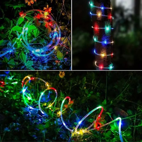 LED crijevo s više boja omotano oko drveta i postavljeno u vrtu – idealno za vanjsku dekoraciju i noćno osvjetljenje
