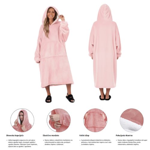XXL termo deka s rukavima i kapuljačom - roza - prednja i stražnja strana - kapuljača, elastične manžete, veliki džep, šerpa podstava