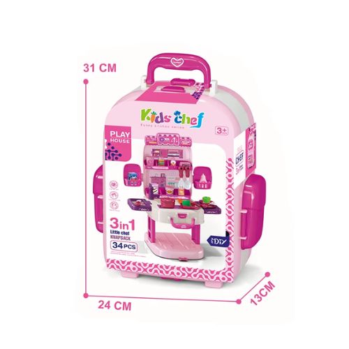 Pakiranje dječjeg kuhinjskog seta u ruksaku – 3u1 igračka s dimenzijama 31×24×13 cm