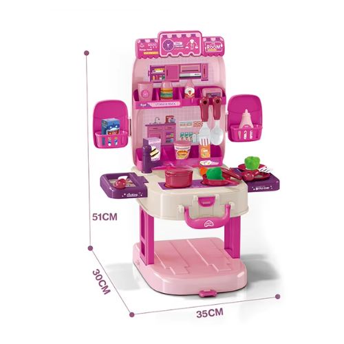 Dječji kuhinjski set u otvorenom ruksaku s prikazom dimenzija – 35×30×51 cm