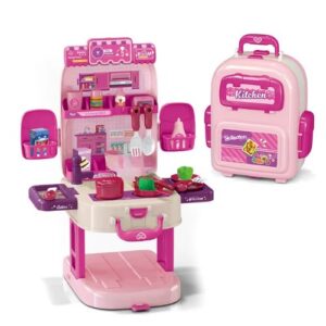 Dječji kuhinjski set u ruksaku s 34 dodatka za igru – ružičasta prijenosna kuhinja za djecu