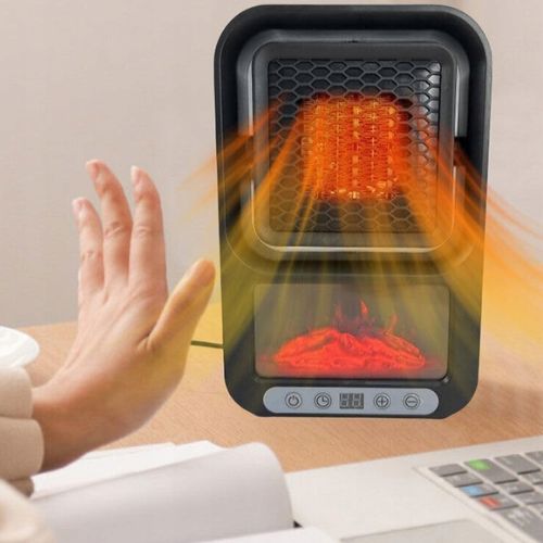 Dekorativna LED grijalica s efektom kamina 500W na stolu tijekom rada – topli zrak i realističan LED plamen
