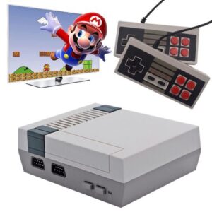 Retro TV konzola s 620 igara i dva kontrolera prikazana uz TV ekran s Mario igrom