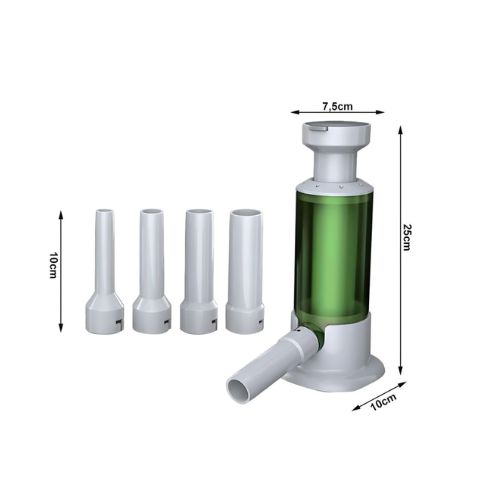 Višenamjenska ručna punilica za kobasice s prikazom dimenzija i četiri nastavka različitih promjera