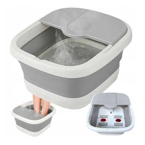 Sklopivi masažer za stopala s prikazom pare koja simbolizira grijanje vode, unutarnjim masažnim valjcima i crvenim LED svjetlima.