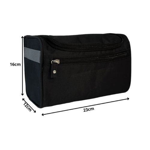 Dimenzije kozmetičke putne torbe s kukom u crnoj boji prikazane na slici