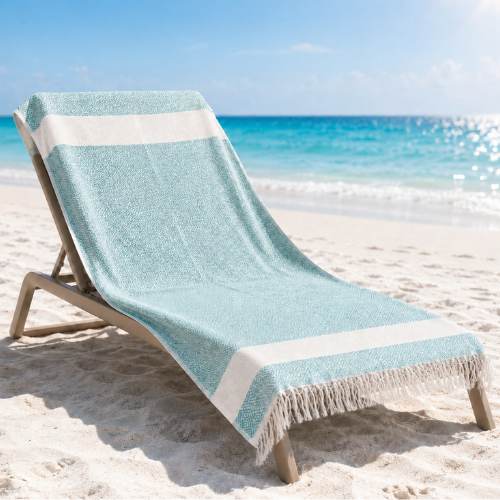 Tirkizni ručnik za plažu od turskog pamuka na ležaljci uz more