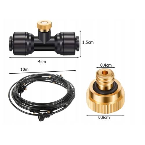 Dimenzije T-konektora i metalnog adaptera vodene maglice za terase - 4 cm, 1,5 cm, 0,9 cm, 0,4 cm